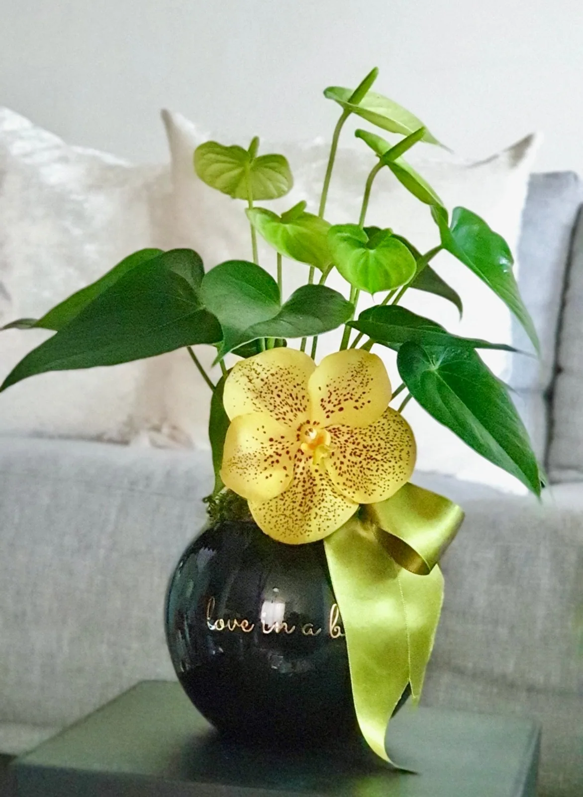 Minianthurium y orquídea